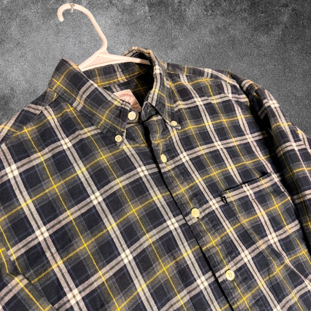 Brooks Brothers 346 Mens Large Plaid Flannel Shirt Navy Green Cotton Button Down